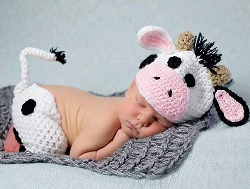 Vedory Fashion Newborn Baby Photography Props Boy Girls Photo Shoot Props Outfits Crochet Knitted Costume Unisex Cute Infant Hat Pants Set (Cow) - Image 2